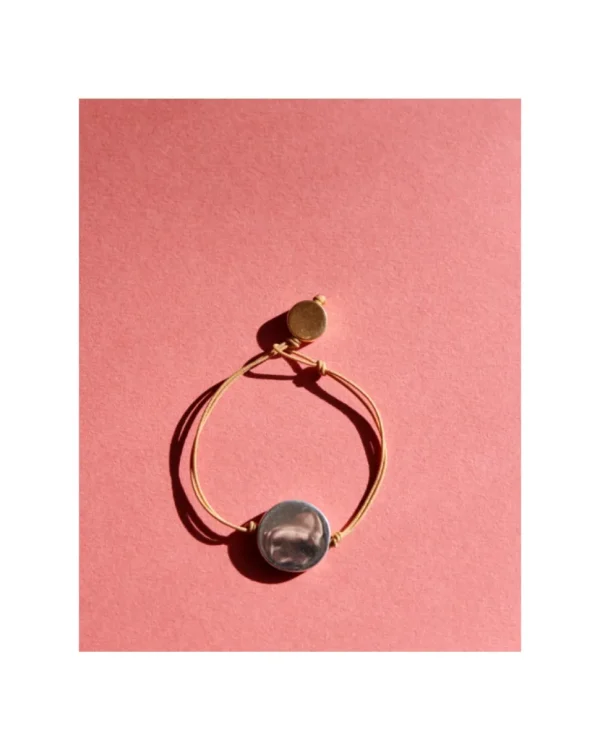 PULSERA DE CORDÓN CON DISCO GRANDE DE PLATA Y CIERRE DORADO HELENA ROHNER
